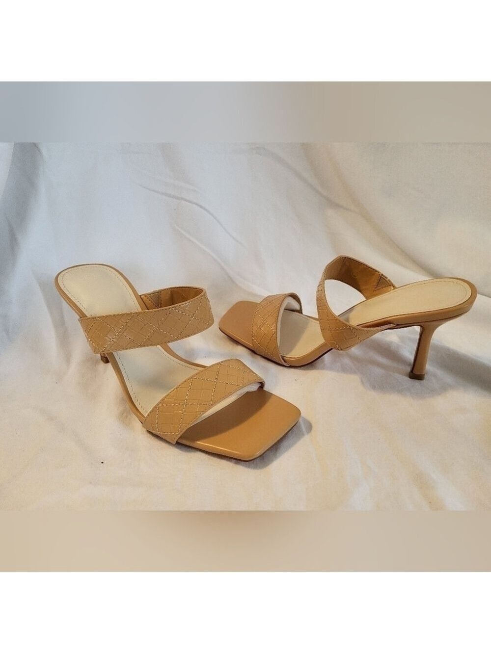 Square Toe Sandal SlipOn Stiletto Two Strap Backless Summer Heel Beige Size 9.5